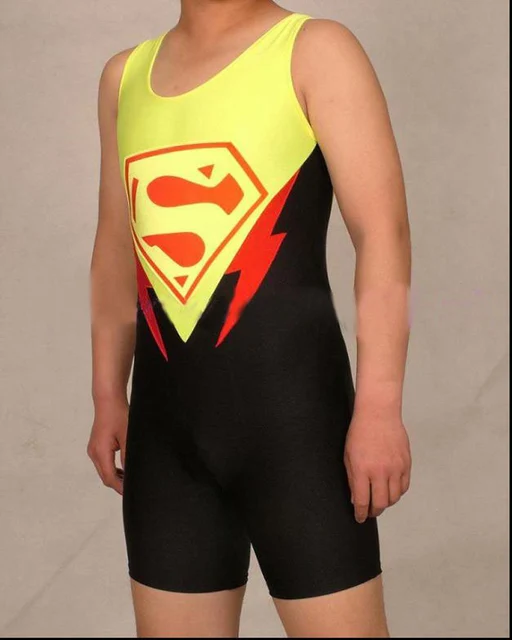 Cool Yellow Lycra Spandex Wrestling Singlet Youth Super hero Superman