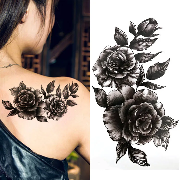 Черный большой цветок боди арт водонепроницаемый временные сексуальные татуировки на бедрах Роза для женщин флэш-тату наклейки 10*20 см KD1050 - Цвет: 1140