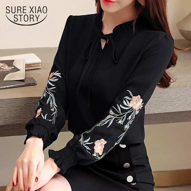 US $10.53 fashion womens tops and blouses 2018 long sleeve 3XL 4XL plus size women shirts floral embroidery c