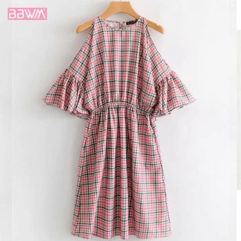 

2019 summer new fashion wild round neck waist loose sleeve plaid leak shoulder female dress Leisure holiday women's dress