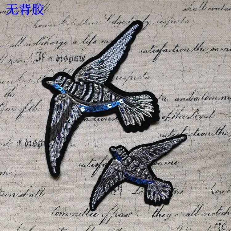 

2pcs 2 sizes gray bird handbag/bag/shoes/clothes/T-shirt garment embroidery applique patches for clothing parches para la ropa