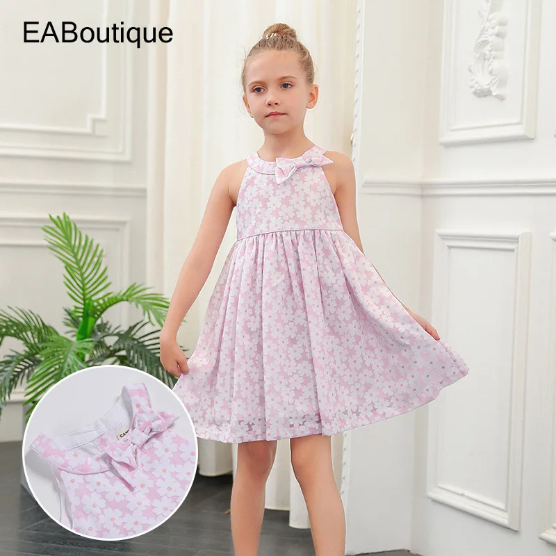 

EABoutique cotton bow baby girl party dress for summer Sleeveless floral print O-neck dress baby girl 3-7 year Q0360