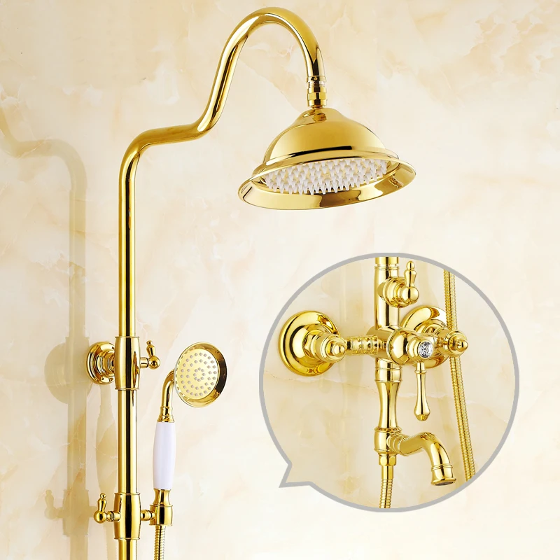 Beste Vergulde diamond douchekraan set wandmontage Antieke regen douche mengkraan Badkamer douchekraan + doule douche hoofd