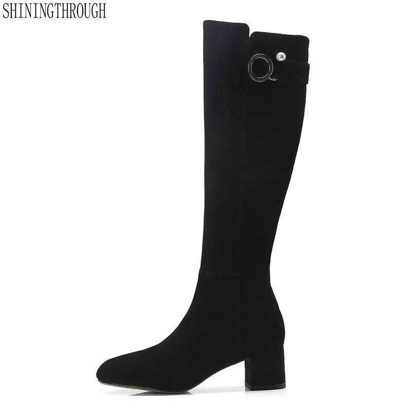 

women Knee High Boots 5cm med heels Design Women Shoes black suede leather autumn winter boots woman large size 40 41