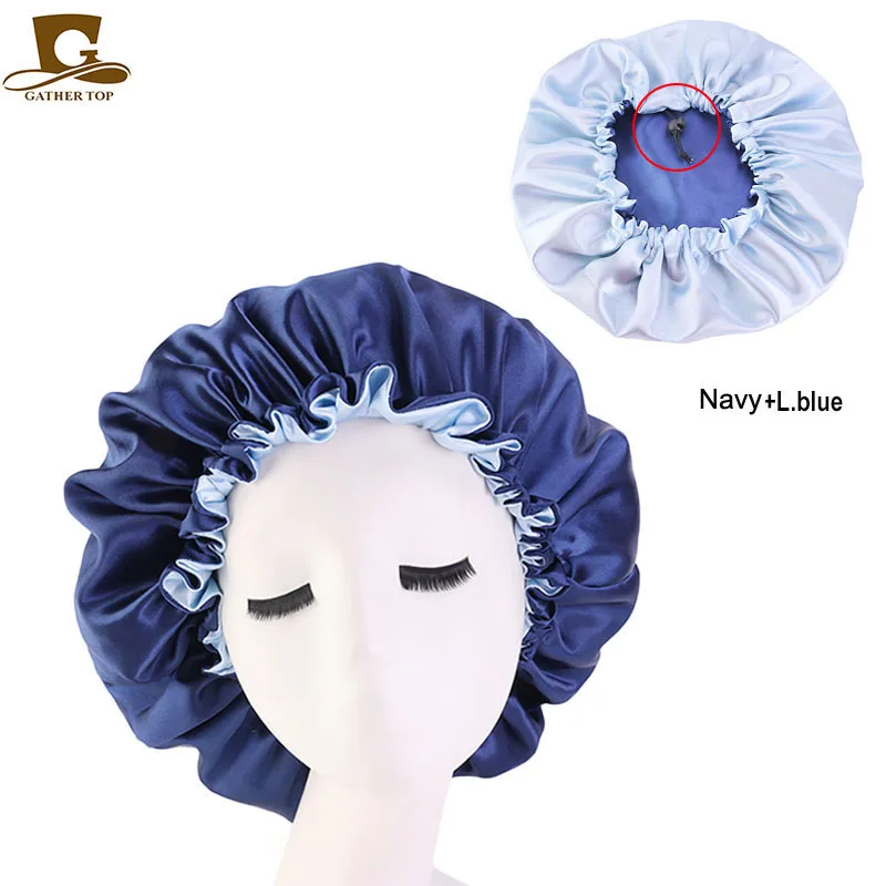 New Reversible Satin Bonnet double layer adjustable size Sleep Night Cap Head Cover Bonnet Hat for For Curly Springy Hair Black ladies head wraps Hair Accessories