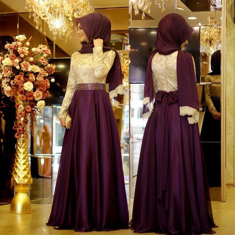 Dubai Kaftan Arabic Islamic Muslim Evening Dresses Long Sleeves White and Champagne Rhinestone Evening Party Gowns Vestido Longo