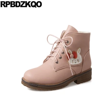 

Booties 10 Ankle Big Size Pink Women Boots Winter 2017 Cartoon Flat Fur Round Toe Lace Up Kawaii Female New Fashion Chinese