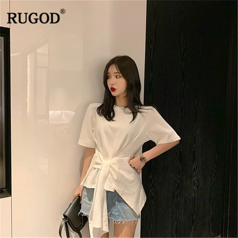 

RUGOD Spring Summer Slim Solid Women T-shirt O-neck Half Sleeves Designed Tie Tunic T-shirt Loose Style Women Tops