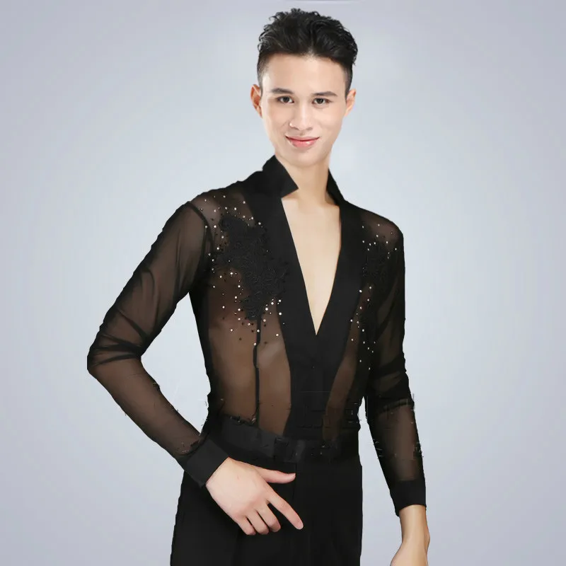

Summer New Shiny Rhinestone Mens Latin Dance Tops Long Sleeve Mesh Black V-neck Dance Shirts Male Ballroom Latin Clothes Dress