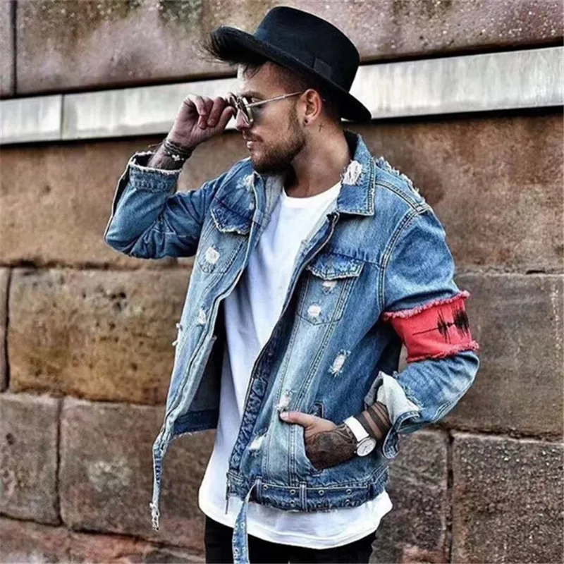 Male Summer Front Zipper Destroyed Jeans Flight Jacket Men Ripped Denim Jean Jackets Hip Hop Overcoats Casual Streetwear Jacket