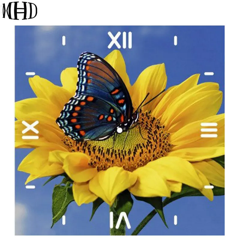 

5D Diamond Embroidery Clock Icon, Butterfly & Sunflower Diamond Watch, Clockwork Stitch, Round Diamond and Full Drill, Frameless
