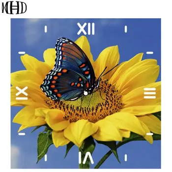 

5D Diamond Embroidery Clock Icon, Butterfly & Sunflower Diamond Watch, Clockwork Stitch, Round Diamond and Full Drill, Frameless