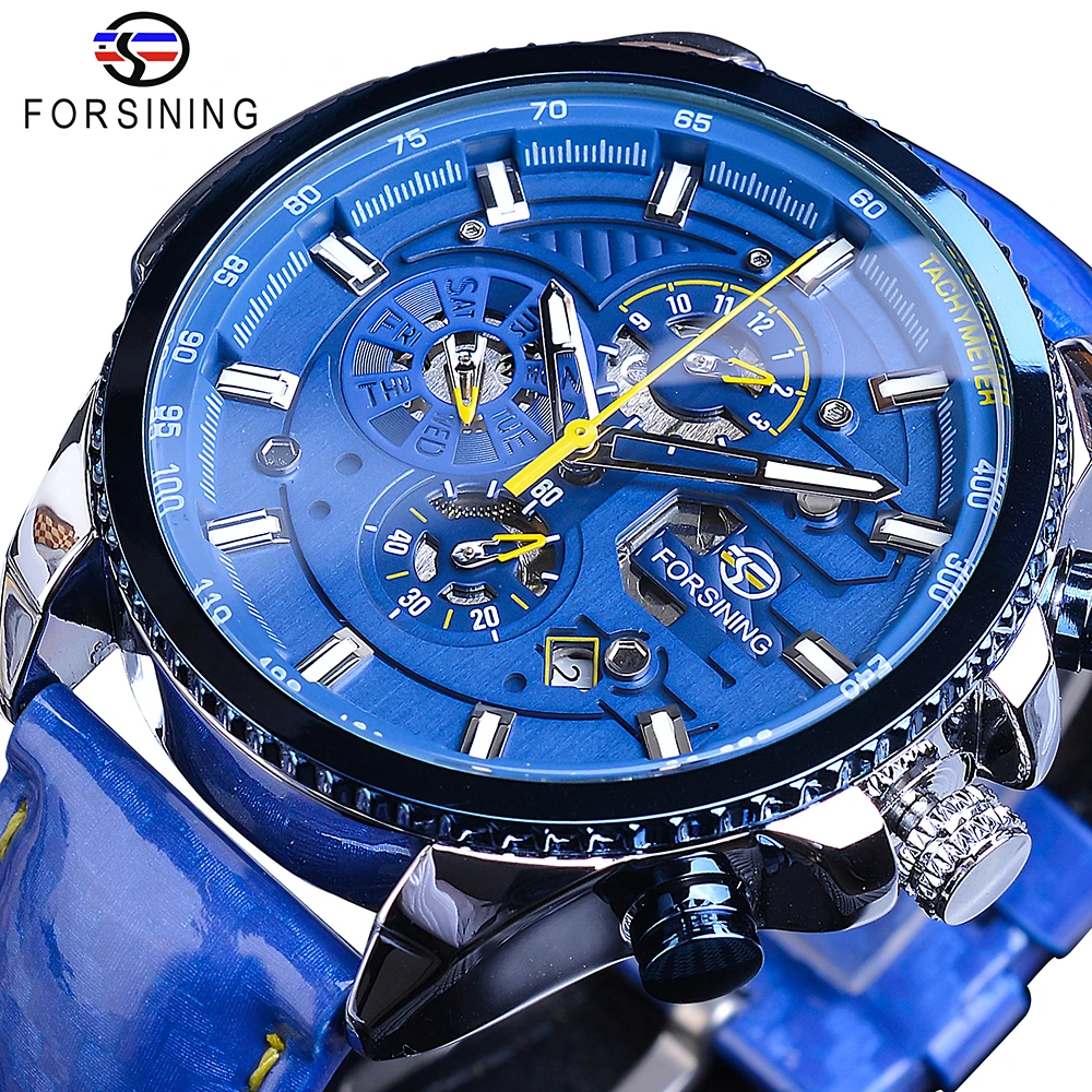 

Forsining Blue Dial Luxury Mens Automatic Watches Stainless Steel Calendar Waterproof Genuine Leather Band Mechanical Male Clock