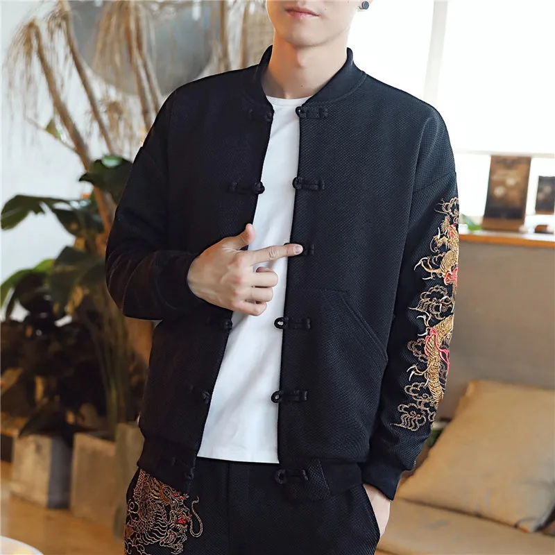 

Traditional Chinese Clothing Mens Dragon Embroidered Tang Suit Men Kung Fu Tai Chi Master Costume Male Bomber Jackets CN-010