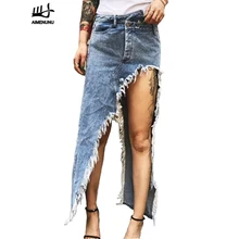 AIMENUNU с высокой талией Асимметричные джинсовая юбка Лето Повседневные рваные женские юбки с кисточками синие Карманы джинсовая юбка
