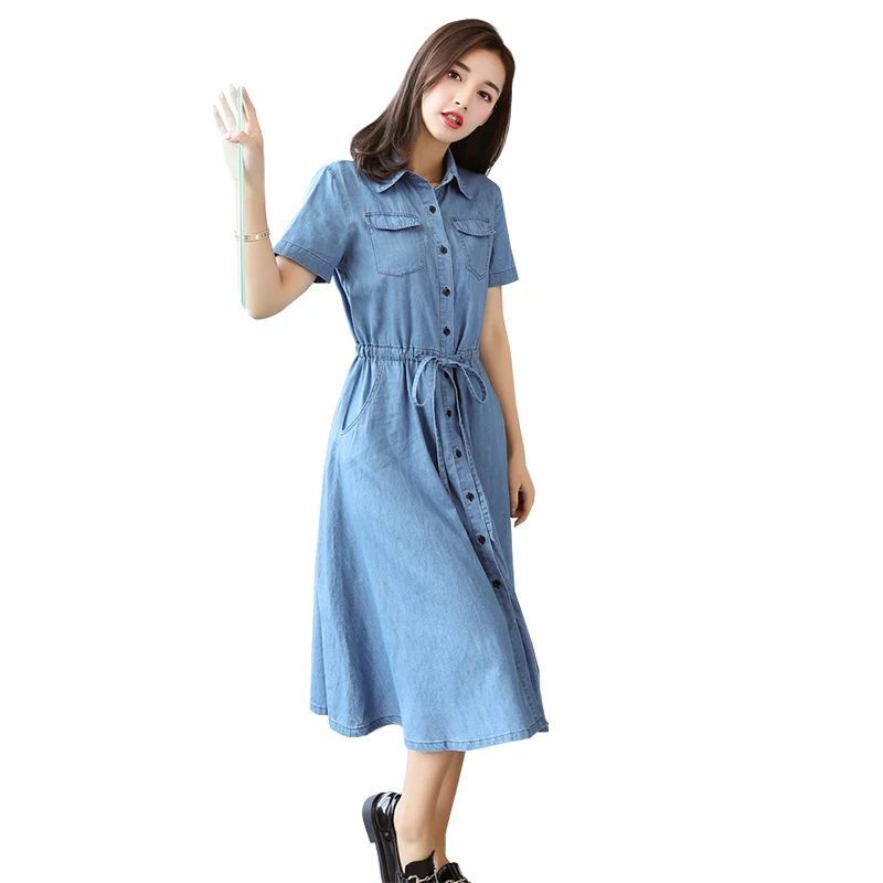 

Women half sleeve denim blue dress,long dress