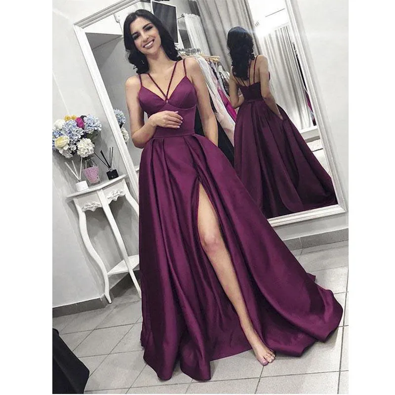 

Grape Satin Long Evening Dress For Women 2019 High Split A Line Backless Prom Dresses Party Gown Cheap Plus Size Robe De Soiree