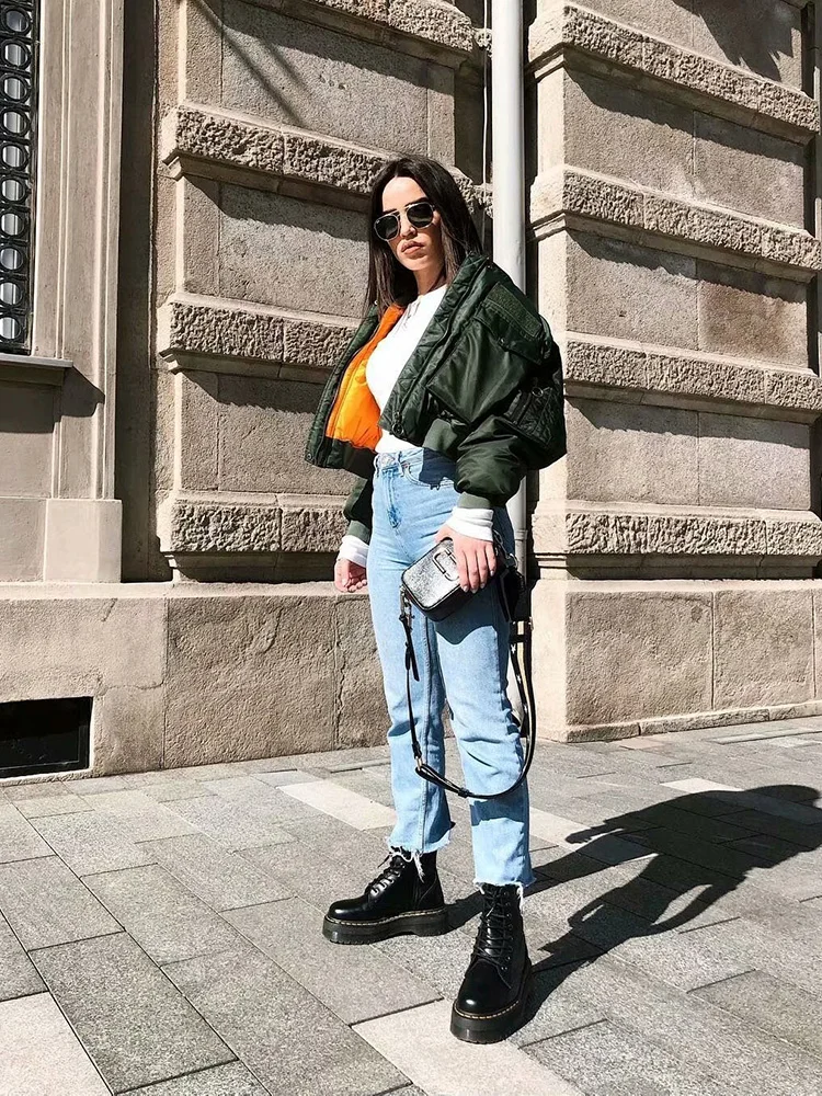 Fashion Za Vintage Women Chic Green Oversize Bomber Jacket Stylish Female Pockets Zippers Coat Casual Ladies Outerwear