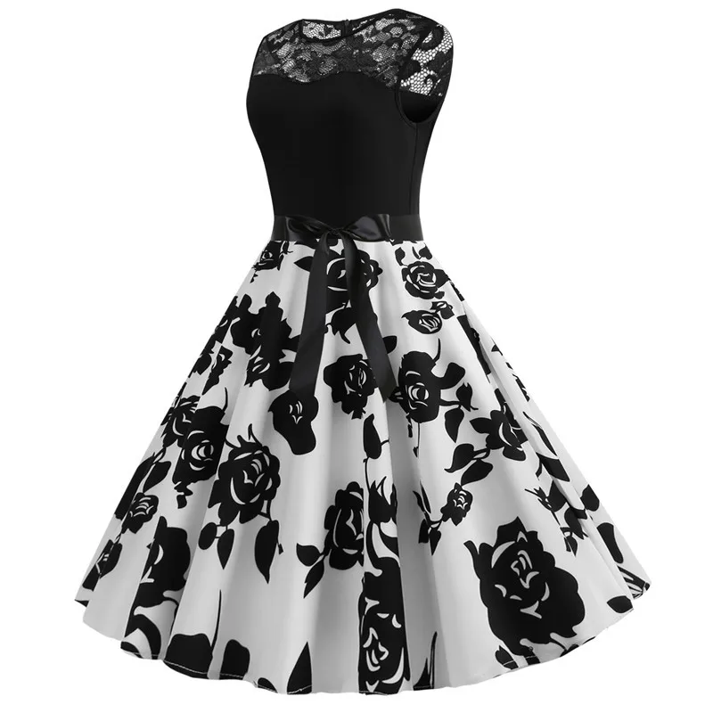 Сексуальное женское летнее платье с цветочным принтом,, черное лоскутное кружевное платье, винтажное праздничное платье, Vestidos размера плюс, без рукавов, тонкий Сарафан
