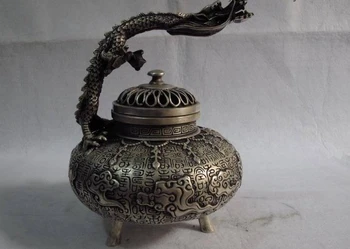 

Tibet white bronze copper silver Dragon auspicious clouds censer incense burner