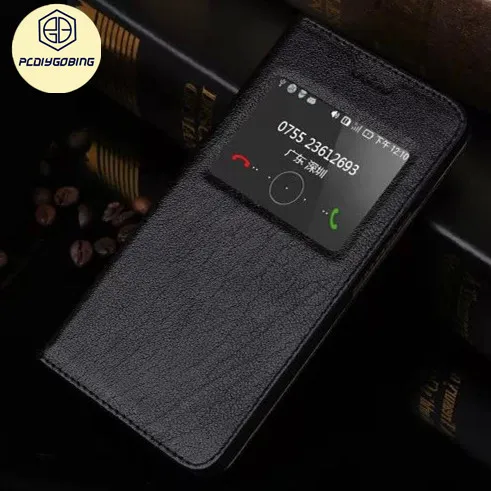 Zobacz Okno Biznes 100% Skórzana Przerzuć Powrót Pokrywy skrzynka Dla Huawei Honor 6 Plus z Funkcją Spoczynku, inteligentne Awaken