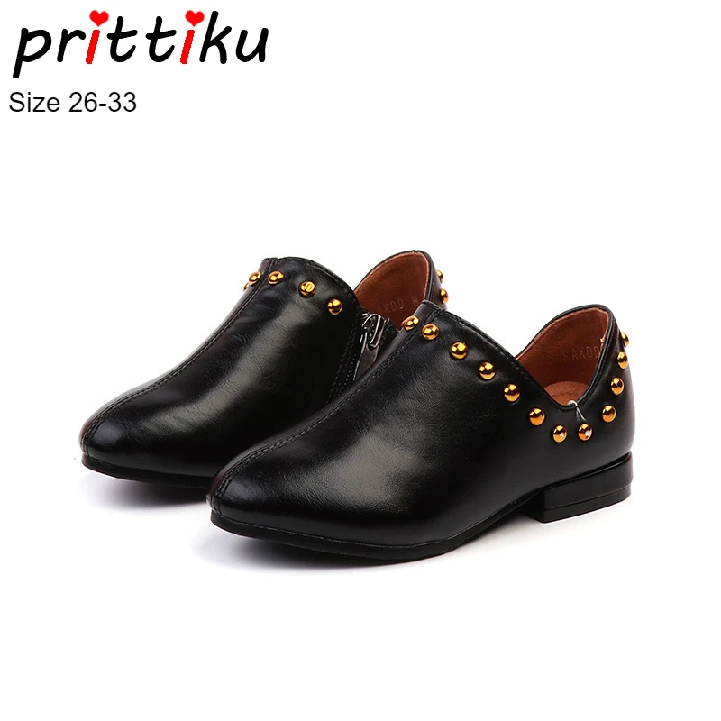 

Autumn 2018 Toddler Girls Low Heels Studded Flats Little Kid Microfiber Leather Low Top Booties Children Beige Black Dress Shoes