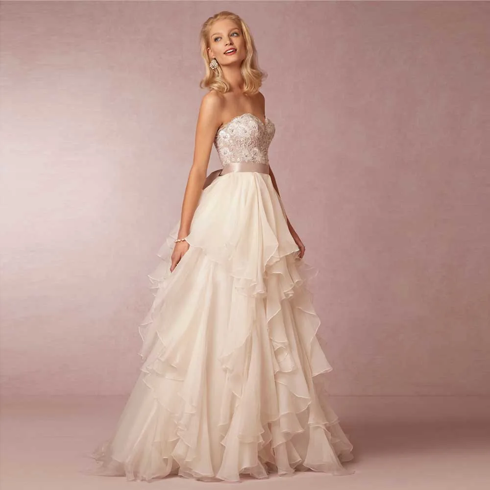 Newest Design A Line Sweetheart Ruffles Organza Lace Beading Sequins