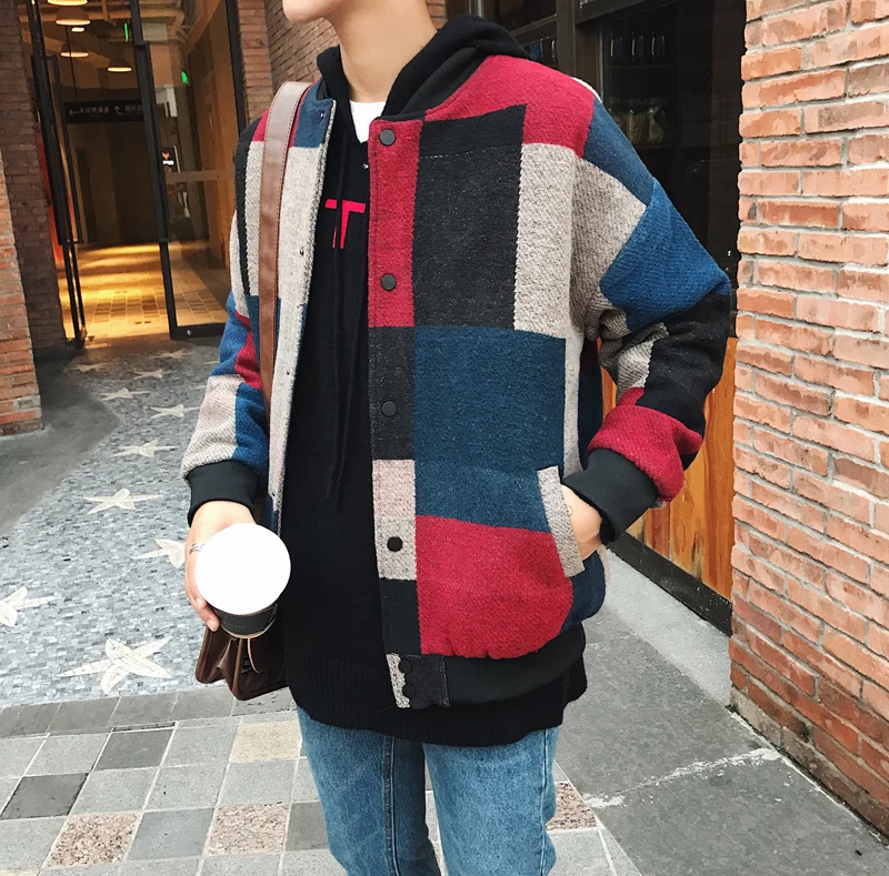2018 Autumn Winter Men's Lattice Splicing Pattern Woolen Blends Stand Collar Fashion Red/Army Green Color Jackets Coats M-5XL 