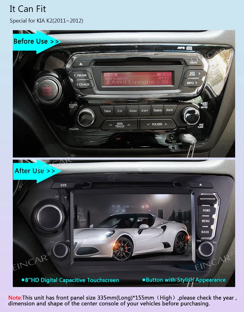 Top EinCar 8 " Android 7.1 2Din Touch Screen In Dash Car Stereo for KIA K2(2011-2012) Car Autoradio MP3/MP4 DVD player WiFi+Camera 2