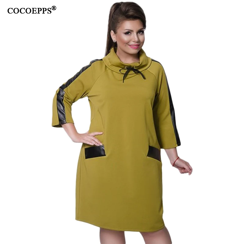 COCOEPPS PU Lether лоскутное теплое платье 2019 размера плюс женская одежда 5XL 6XL свободные