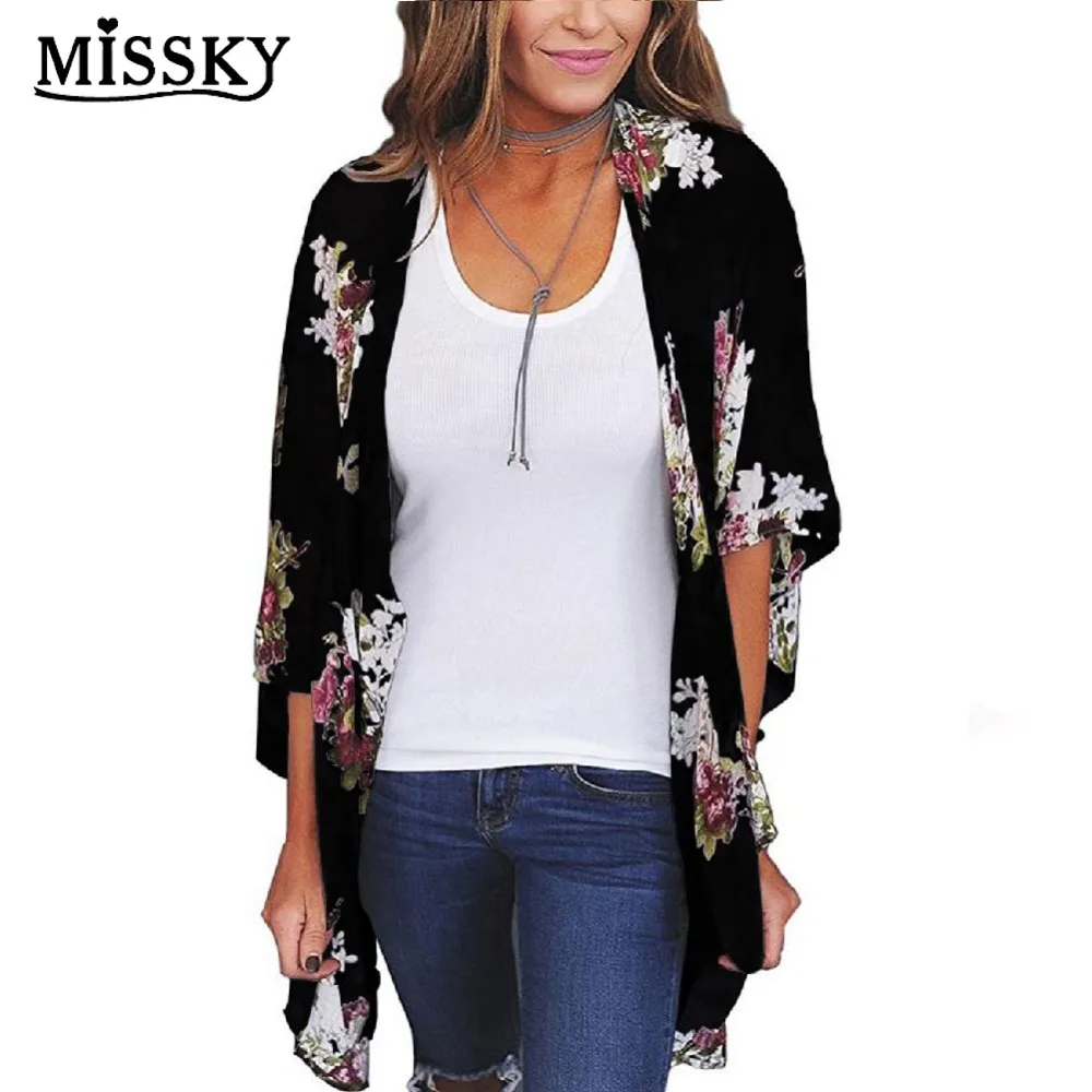 MISSKY Women Stylish Kimono Western Style Floral Chiffon Sun Blocked