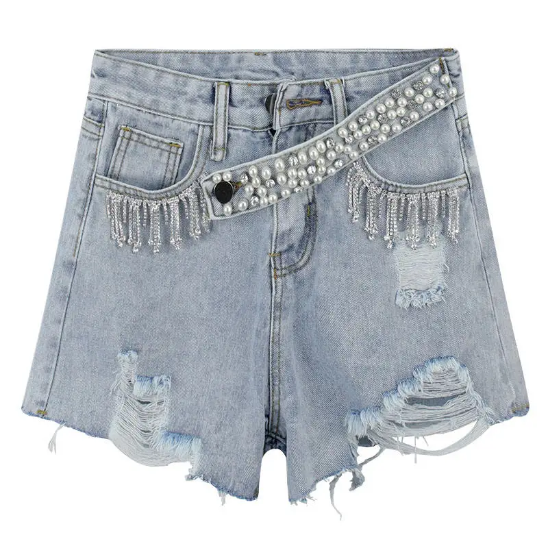 

2019 Summer Sexy High Waist Shorts Women Harajuku Tassel and Pearl Belt Denim Short Shorts Hole