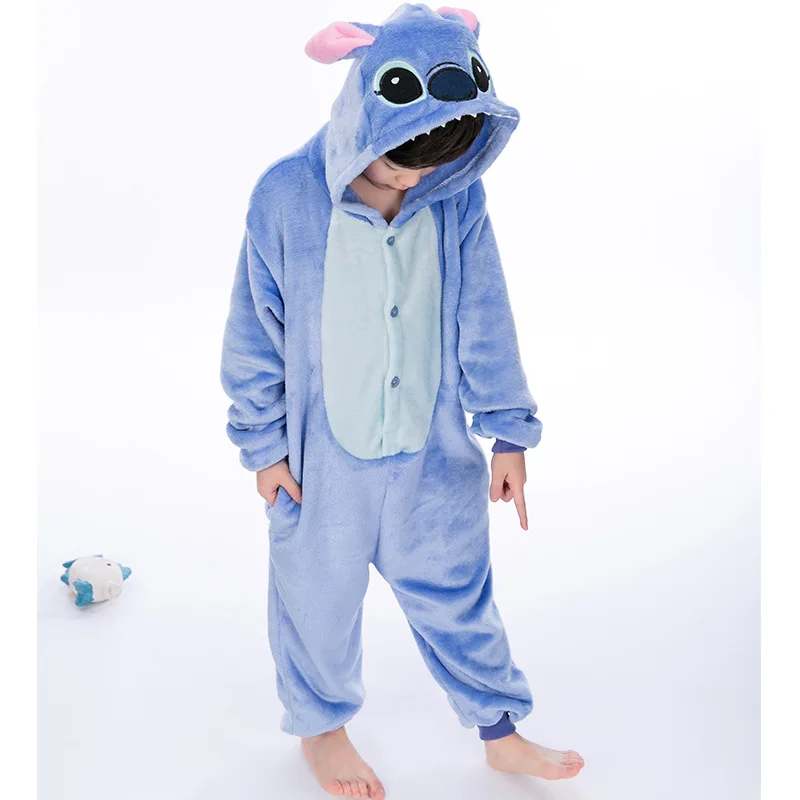 Комплект детских пижам kigurumi с рисунками животных для мальчиков и девочек; пижамы для костюмированной вечеринки с единорогом для детей; комбинезон с капюшоном; зимняя одежда для сна - Цвет: Blue stitch