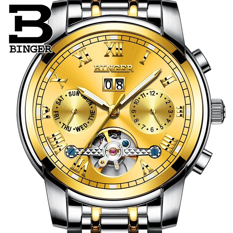 Роскошные золотые часы для мужчин швейцарские механические BINGER Tourbillon