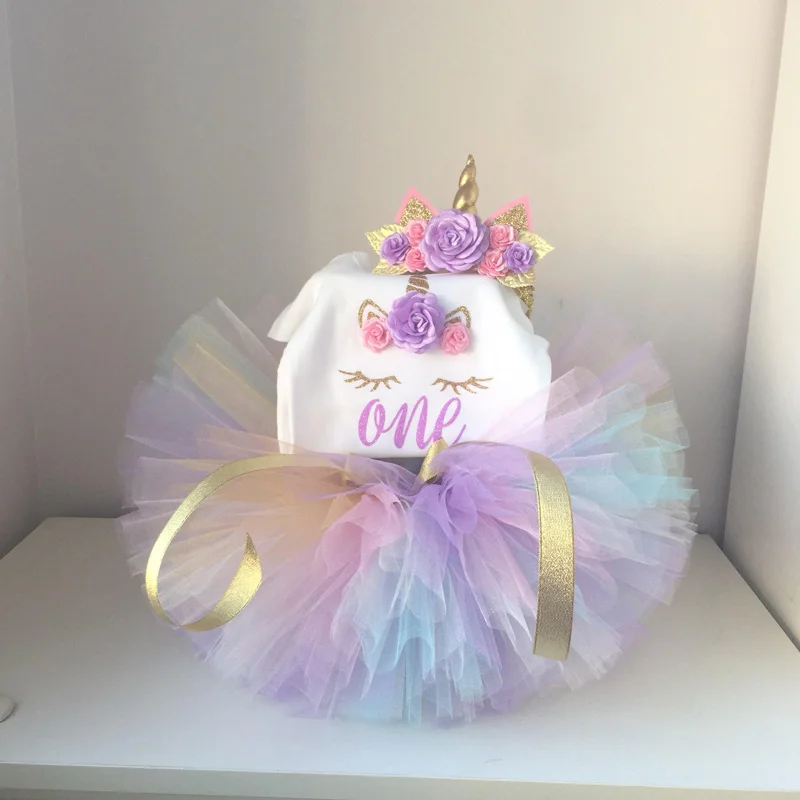 Baby 1 year birthday dress for baby girl 1st Unicorn Party outfits Princes dress headband Christening Gown Baby Clothing