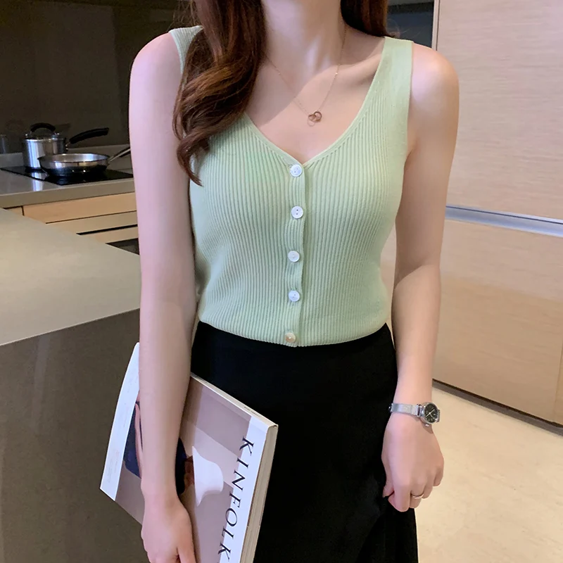 

Hot Summer Sleeveless Women Knitted Vest Fashion Button Cardigans Tank Tops