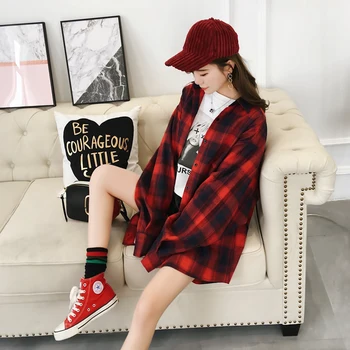 

Spring women jacket 2018 new loose plaid Peter pan Collar female outerwear wild single-breasted long-sleeved lady jacket ly0337