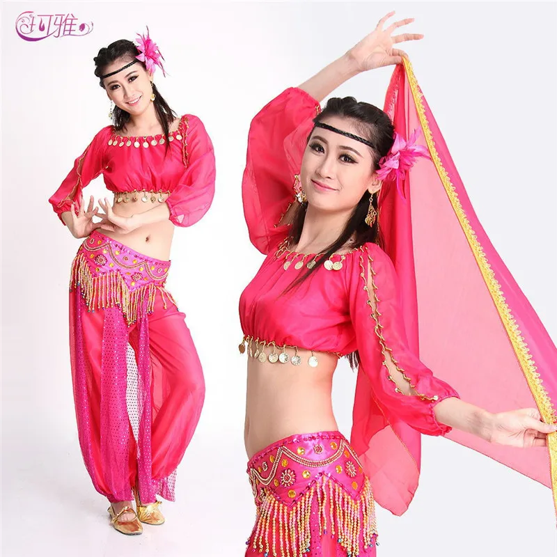 

Women Dance Costumes Bead Belt Coin Top Indian Dancing Dress Belly Dance Costumes for Sale 4 Colors, Pant+Belt+Top from Factory