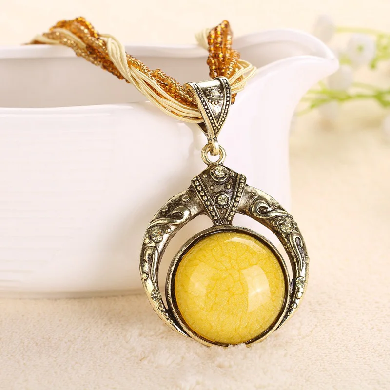Bohemian Natural Stone Yellow Pendant Necklace Gold Color Metal Long
