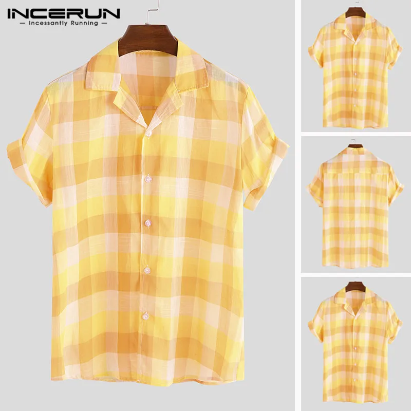 

INCERUN 2019 Casual Breathable New Europe America Summer Men's Plaid Short-sleeved Lapel Literary Shirt Fashion Camisa Masculina