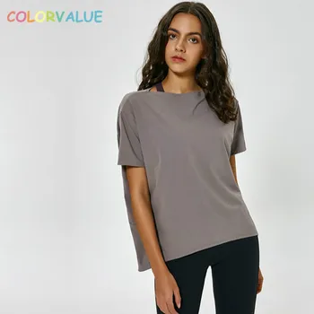 

Colorvalue Naked-feels Fabrics Loose Gym Workout T-shirt Women Breathable Plain Fitness Sport Short Sleeved Shirts Tee Size2-10