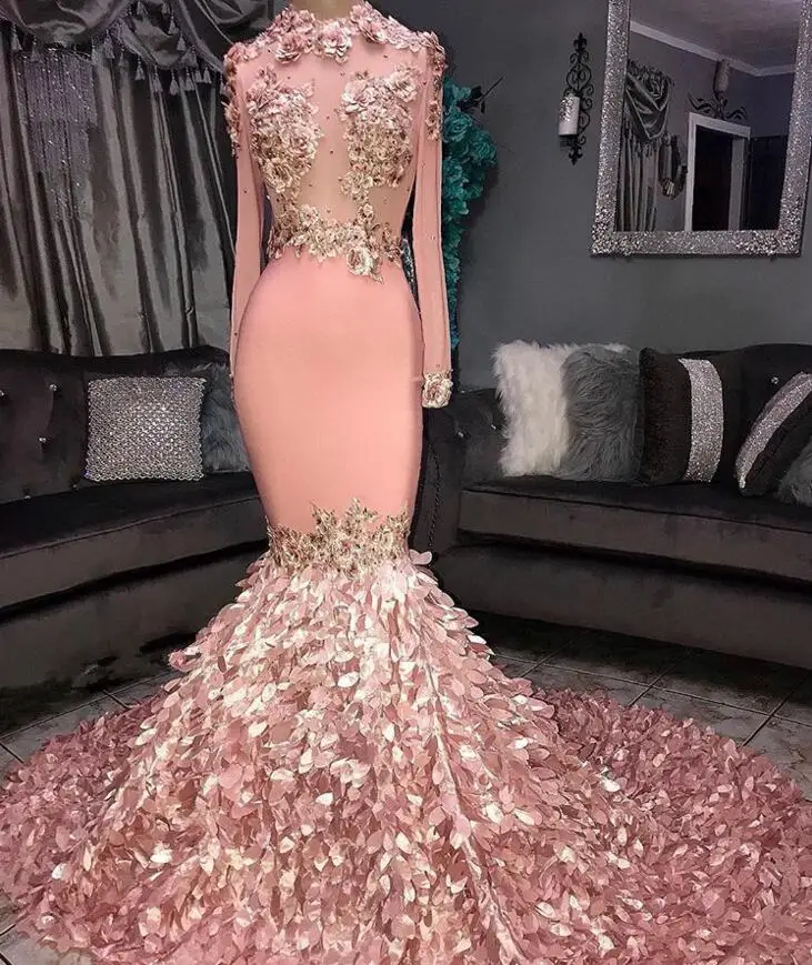 0412019 Custom Made Pink Long Sleeve Prom Dresses Sexy Lace Applique High Jewel Neck Elegant Evening Dress