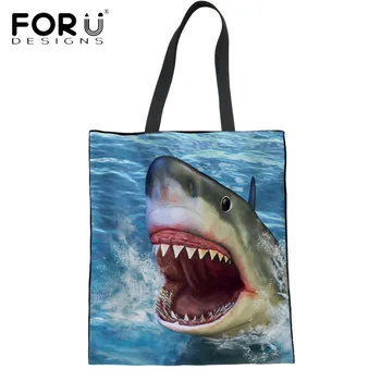 

FORUDESIGNS Cool Animal Shark 3D Print Linen Tote Handbags for Women Fashion Large Shoulder Bags Students Girls Cotton Bag Bolsa