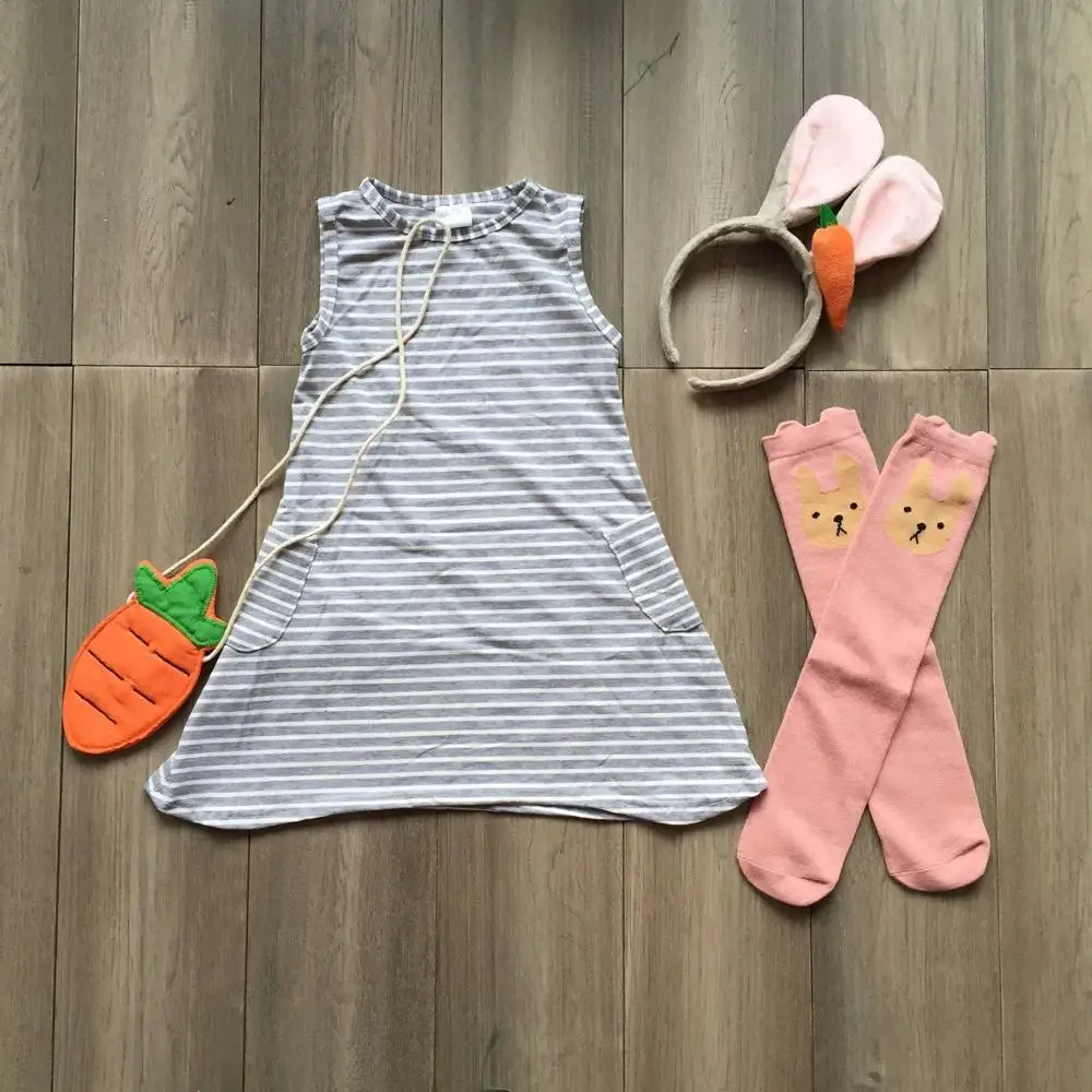 

summer baby girls outfits dress stripe cotton boutique clothes sets match bunny legging and Carrot purse hairwear knee length