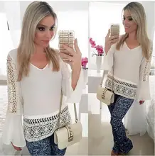 2017 New Top Long Bell Sleeve Blouse Women Hollow Out Lace Floral Shirt Female Clothes Women Tunic Long Sleeve Clothing