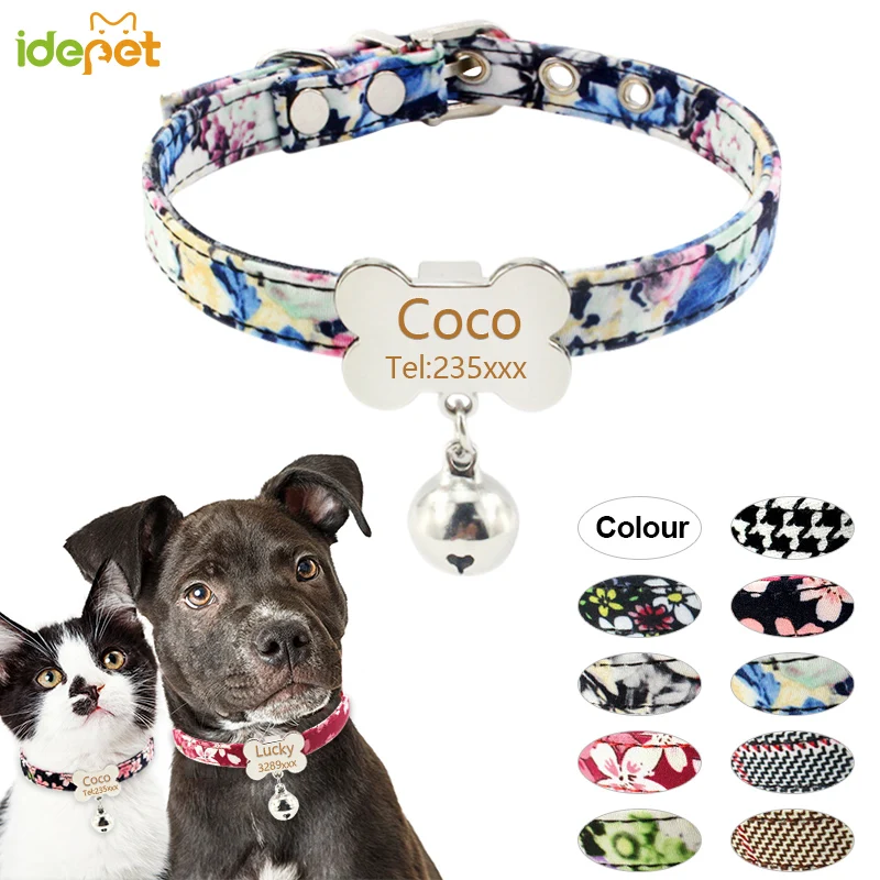 

Cat Collars Personalized Nylon Pet ID Dog Tag Collar Custom Puppy Cat Nameplate ID Collars Adjustable For Small Dogs With Bells