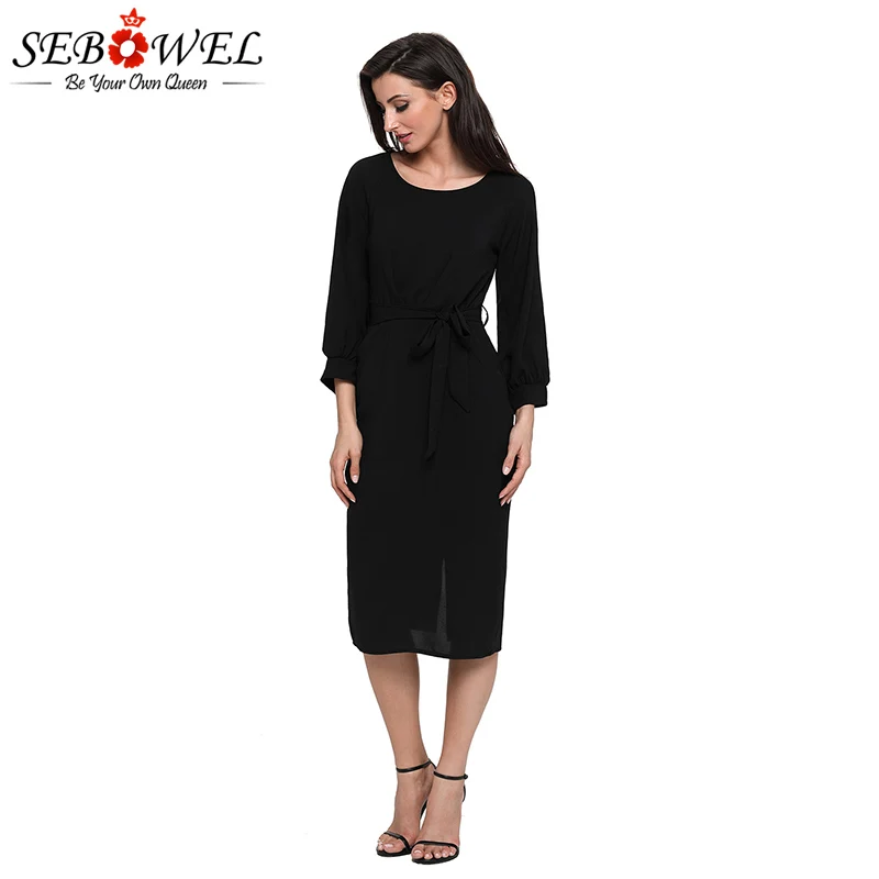 Black-Puff-Sleeve-Belt-Chiffon-Pencil-Dress-LC61691-2-7 