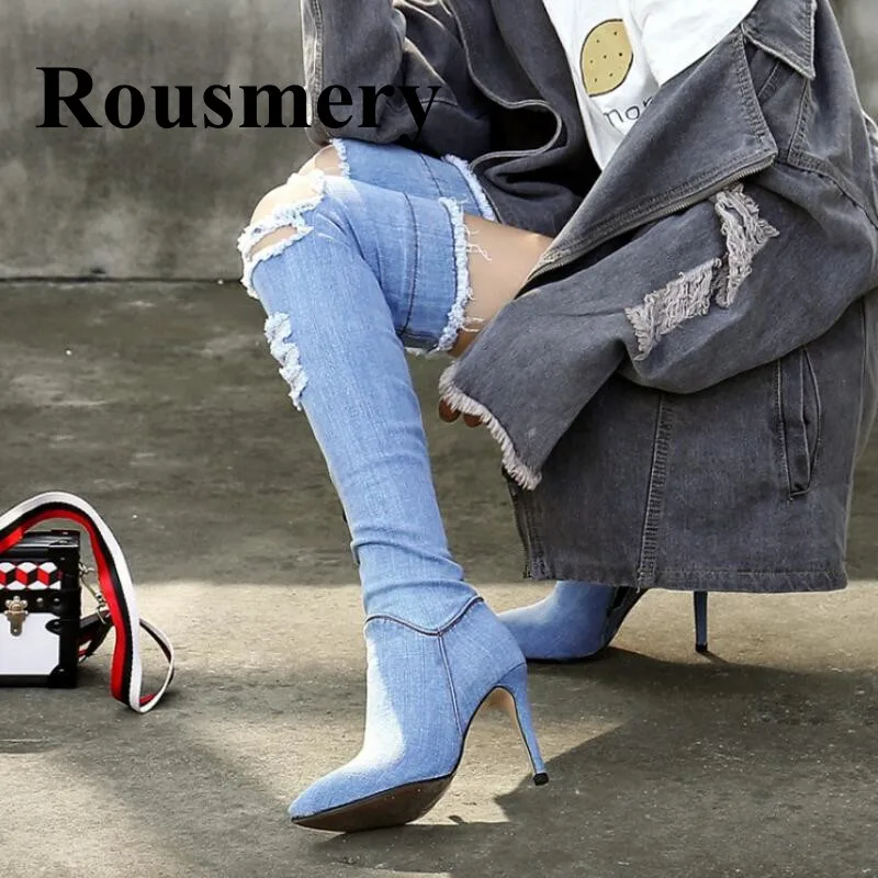 

Hottest Fashion Autumn Over-The-Knee Pointed Toe Thin Hgh Heel Side Zipper Three Color Best Price Beautiul Women Denim Boots