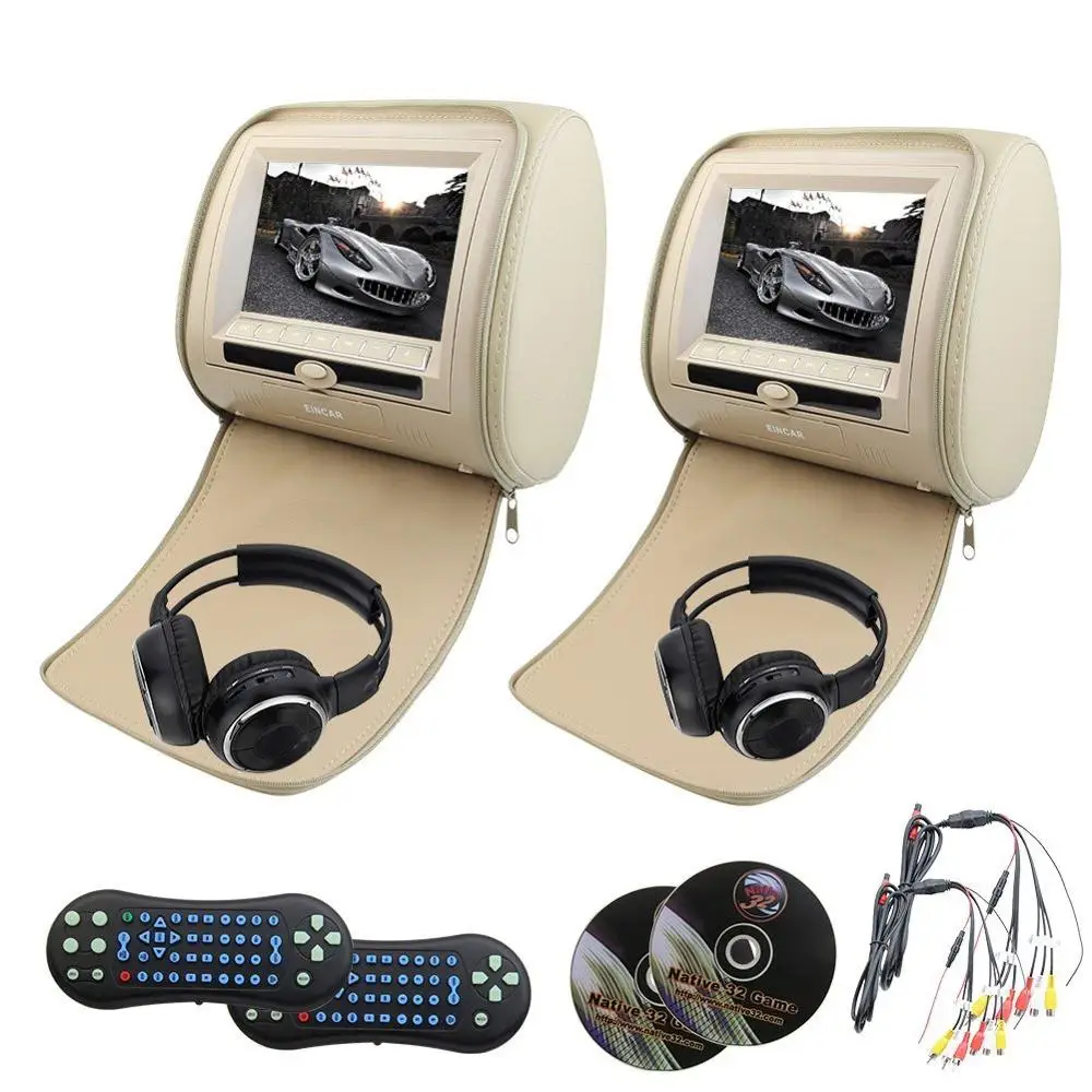 

2 pcs LCD Dual Screen Headrest monitor DVD player USB/DVD/CD/MP3/MP4 play FM transmitter IR monitor pillow+free 2 IR headphones