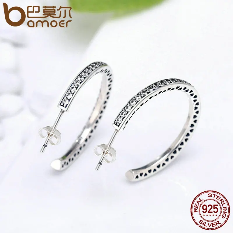 Skup BAMOER 925 srebro promienne serca biała emalia i wyczyść CZ Hoop kolczyki dla kobiet srebro biżuteria Bijoux SCE211